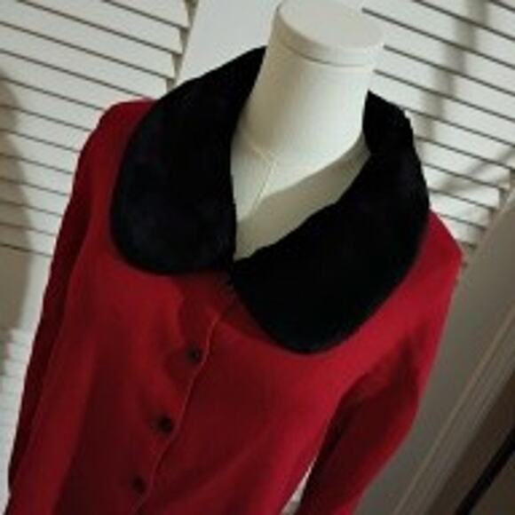 VTG Faux Fur Collar L Red Cardigan Sweater Kathie Lee Collection Cotton Blend - Picture 6 of 13